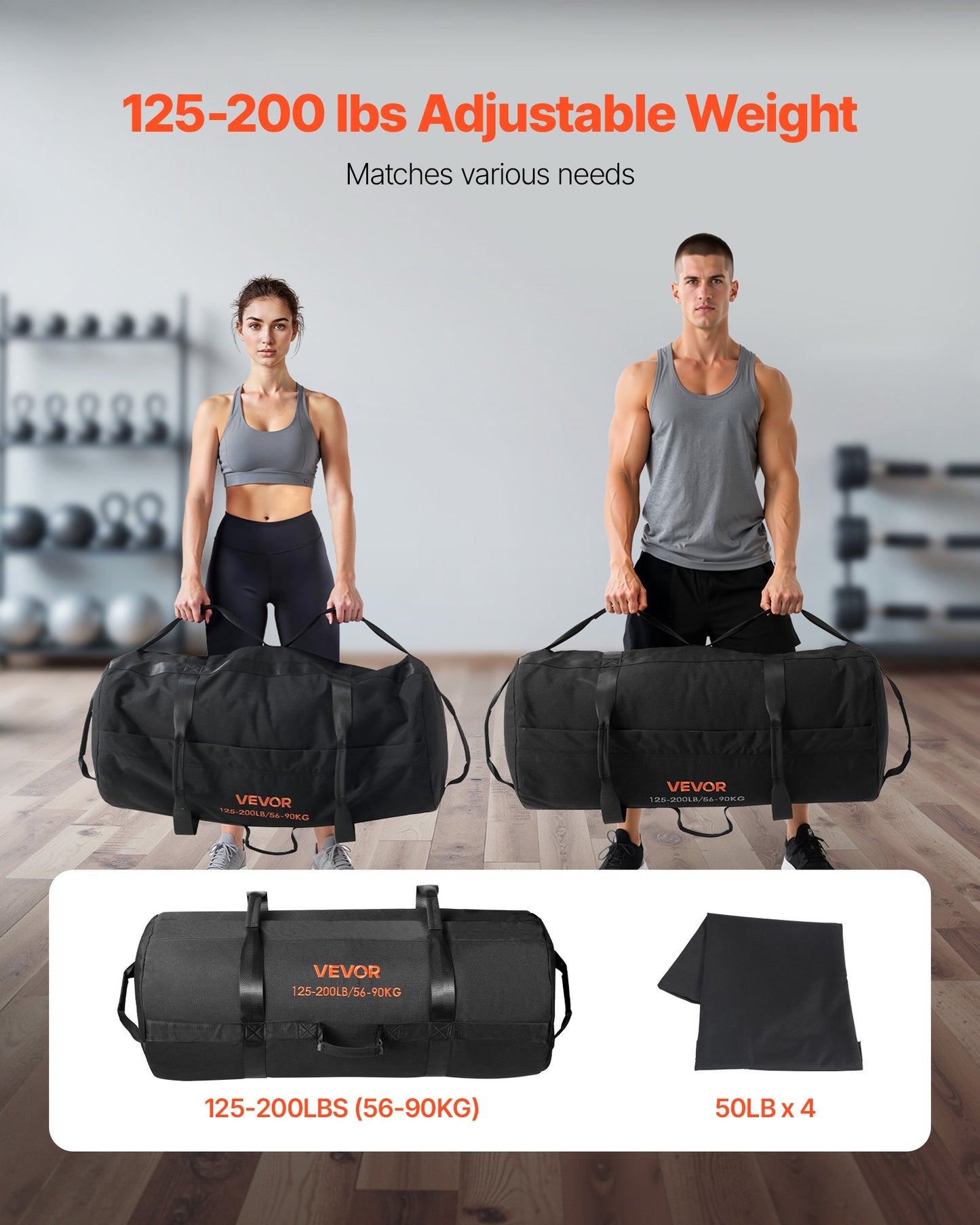 Träningssandsäck, kraftiga träningspåsar med handtag, 56-90 kg justerbar sandsäck för fitnessstyrka, viktträning, crosstraining, hemmagym, svart (ofylld)