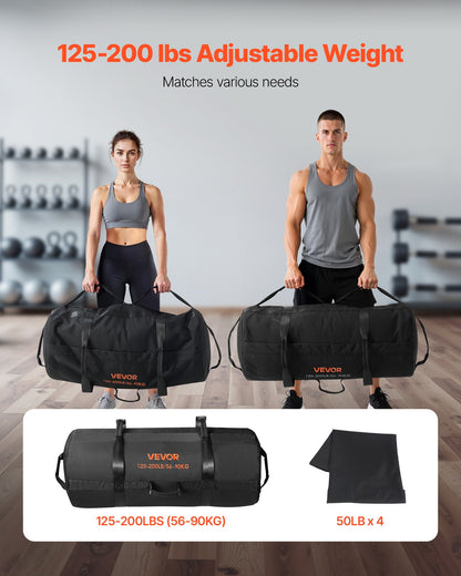 Träningssandsäck, kraftiga träningspåsar med handtag, 56-90 kg justerbar sandsäck för fitnessstyrka, viktträning, crosstraining, hemmagym, svart (ofylld)