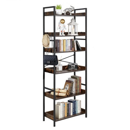 Industrial Bookshelf, 6-Tier, Vintage Ladder Shelf Bookshelves and Bookcases, with Metal Frame, Book Organizer with Open Shelves, for Living Room, Bedroom, Kitchen, Home Office, Rustics Brown