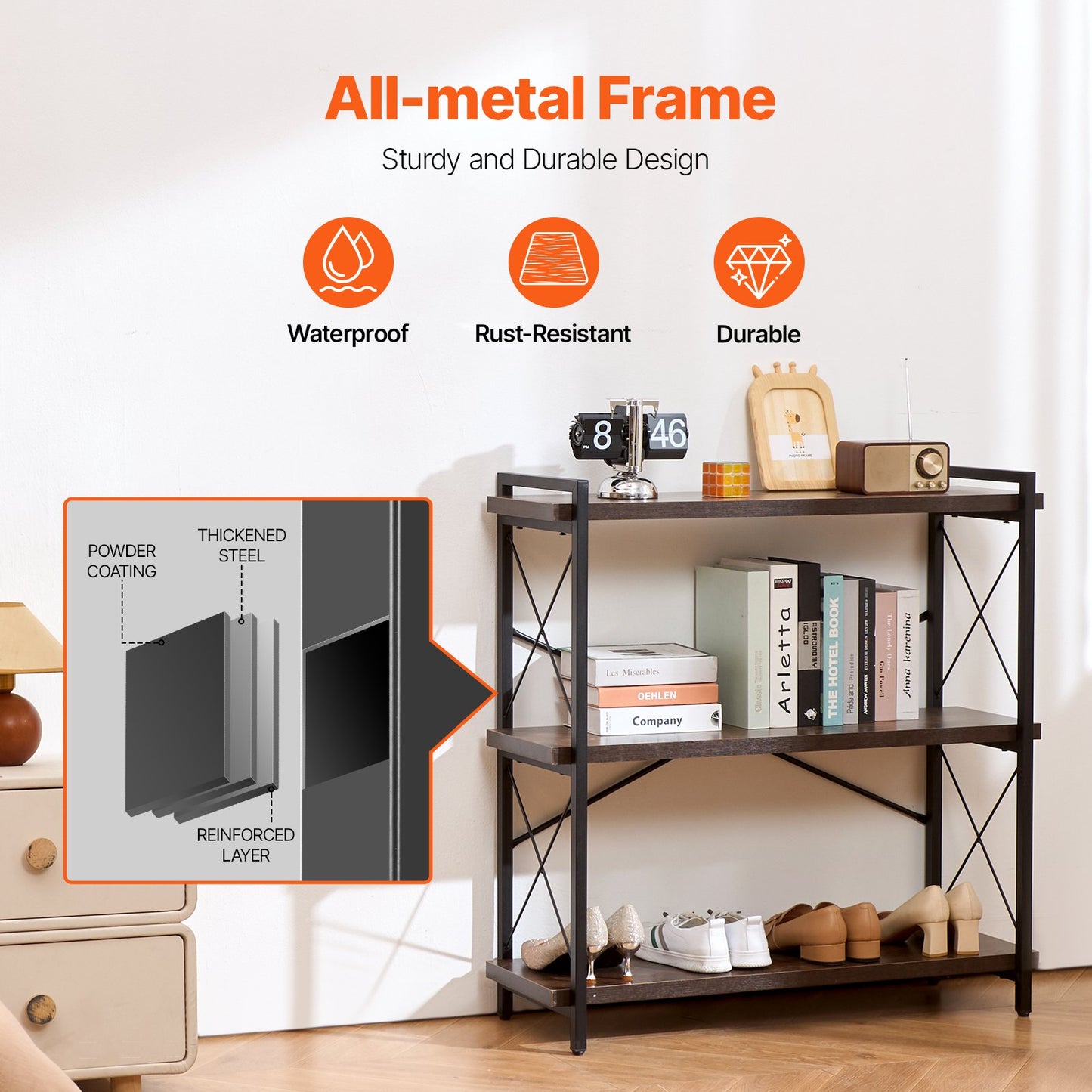 Metallbokhylla, industriell bokhylla med 3 våningar, liten rustik förvaringsdisplay med öppna hyllor, fristående displaybokhylla i vintagestil, för vardagsrum, sovrum och kontor
