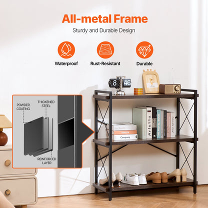 Metallbokhylla, industriell bokhylla med 3 våningar, liten rustik förvaringsdisplay med öppna hyllor, fristående displaybokhylla i vintagestil, för vardagsrum, sovrum och kontor