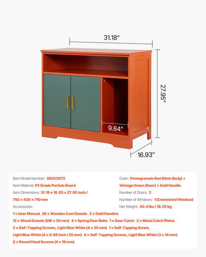 Kattlåda, 79,2 cm dold kattlåda med hylla och förvaring, modernt inomhusbadrum för katter, sidobord i trä för katthus, passar de flesta kattlådor, röd och grön