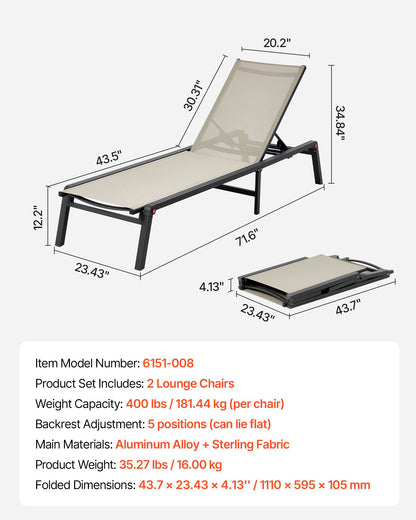 Schäslongstolar för utomhusbruk, set om 2, 181 kg viktkapacitet, hopfällbar solstol, 5 justerbara lägen, enkel montering, poolfåtöljer i aluminium, för strandgård/uteplats