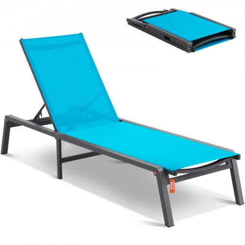 Schäslongstol utomhus, aluminium uteplatsloungestol med justerbar 5-lägen, hopfällbar poolloungestol och helt platt solariumstol för uteplats, strand, pool, blå