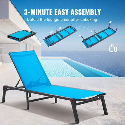 Schäslongstol utomhus, aluminium uteplatsloungestol med justerbar 5-lägen, hopfällbar poolloungestol och helt platt solariumstol för uteplats, strand, pool, blå