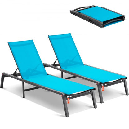 Schäslongfåtöljer för utomhusbruk, aluminium uteplatsstolar med justerbara 5-lägen, hopfällbara poolstolar, vilfåtölj och helt plana solariefåtöljer för uteplats, strand, pool, blå, 2 st