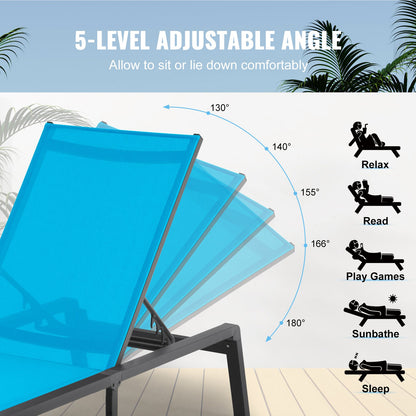 Schäslongfåtöljer för utomhusbruk, aluminium uteplatsstolar med justerbara 5-lägen, hopfällbara poolstolar, vilfåtölj och helt plana solariefåtöljer för uteplats, strand, pool, blå, 2 st