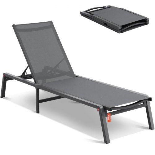 Schäslongstol utomhus, aluminium uteplatsloungestol med justerbar 5-lägen, hopfällbar poolloungestol och helt platt solariumstol för uteplats, strand, pool, mörkgrå