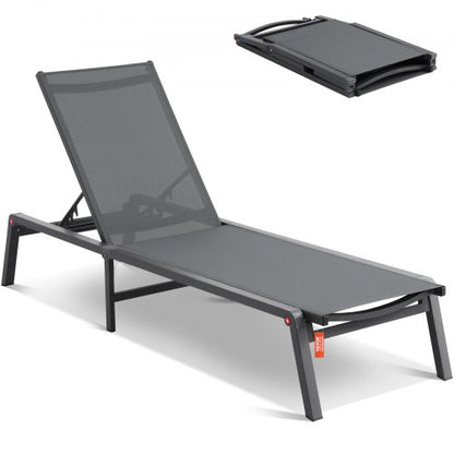 Schäslongstol utomhus, aluminium uteplatsloungestol med justerbar 5-lägen, hopfällbar poolloungestol och helt platt solariumstol för uteplats, strand, pool, mörkgrå