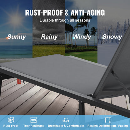 Schäslongstol utomhus, aluminium uteplatsloungestol med justerbar 5-lägen, hopfällbar poolloungestol och helt platt solariumstol för uteplats, strand, pool, mörkgrå