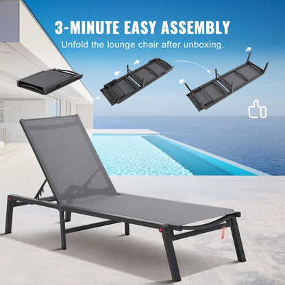 Schäslongstol utomhus, aluminium uteplatsloungestol med justerbar 5-lägen, hopfällbar poolloungestol och helt platt solariumstol för uteplats, strand, pool, mörkgrå