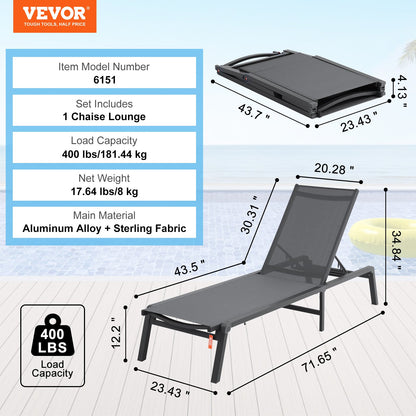 Schäslongstol utomhus, aluminium uteplatsloungestol med justerbar 5-lägen, hopfällbar poolloungestol och helt platt solariumstol för uteplats, strand, pool, mörkgrå