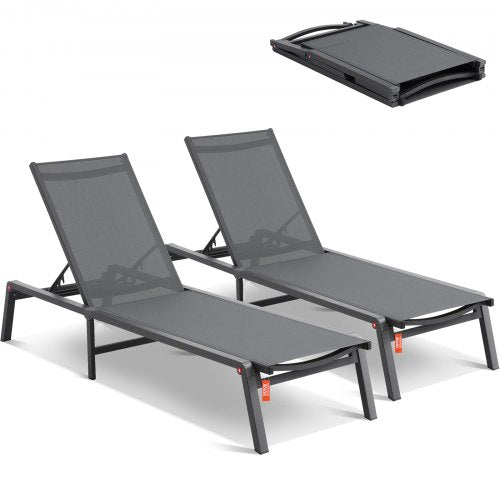 Schäslongfåtöljer för utomhusbruk, aluminium uteplatsstolar med justerbara 5-lägen, hopfällbara poolstolar, vilfåtölj och helt plana solariefåtöljer för uteplats, strand, pool, mörkgrå, 2 st