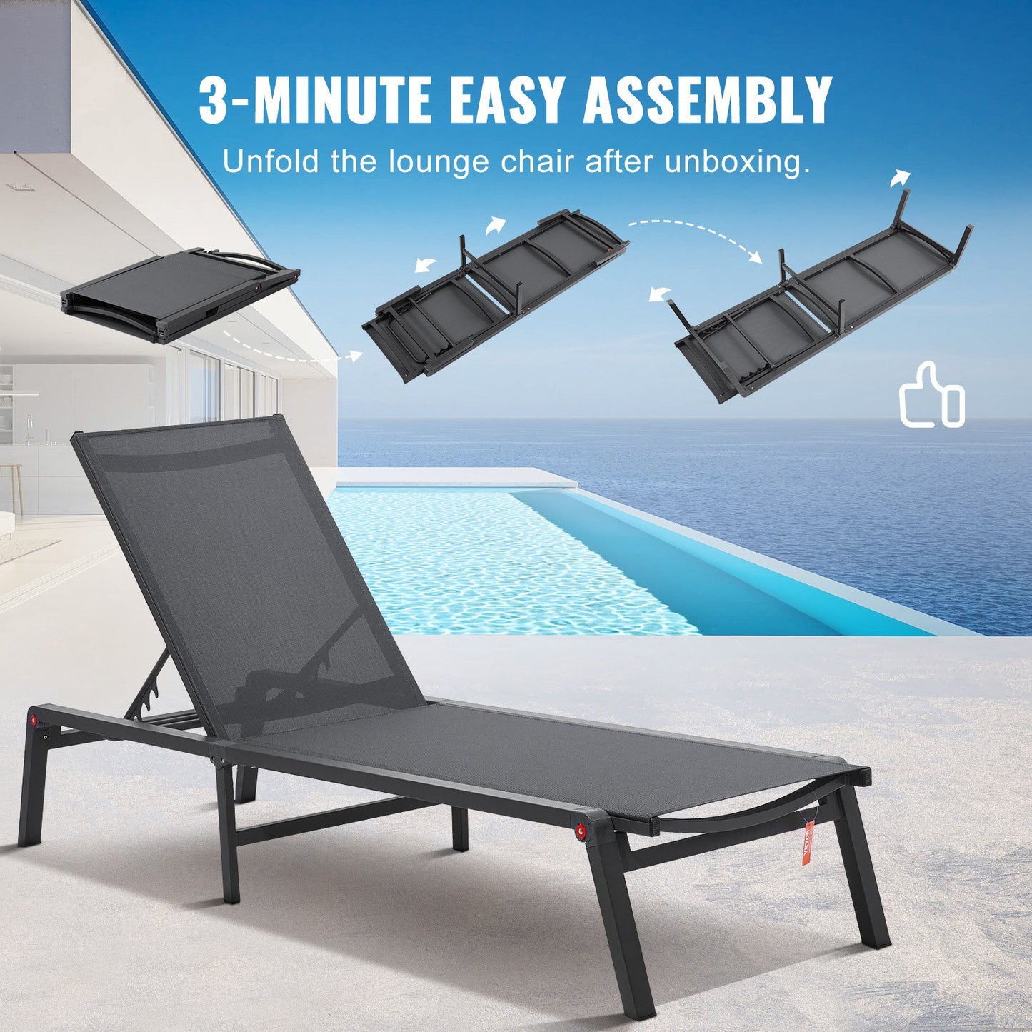 Schäslongfåtöljer för utomhusbruk, aluminium uteplatsstolar med justerbara 5-lägen, hopfällbara poolstolar, vilfåtölj och helt plana solariefåtöljer för uteplats, strand, pool, mörkgrå, 2 st