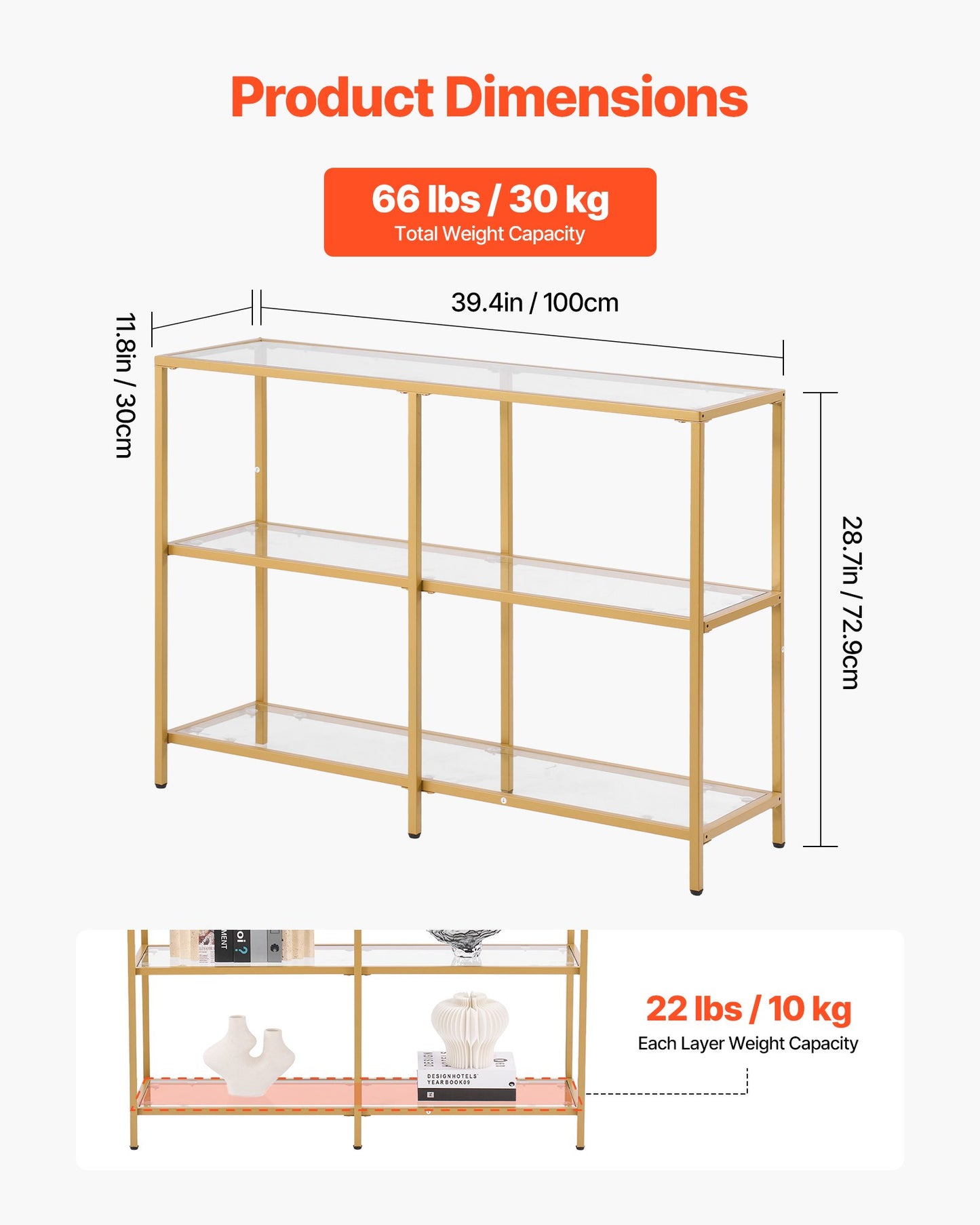Konsolbord i glas med 3 våningar, modernt rektangulärt sidobord i härdat glas och järnben, gyllene Consloe-skrivbord med tippskydd för vardagsrum, hall, entré, foajé, gyllene
