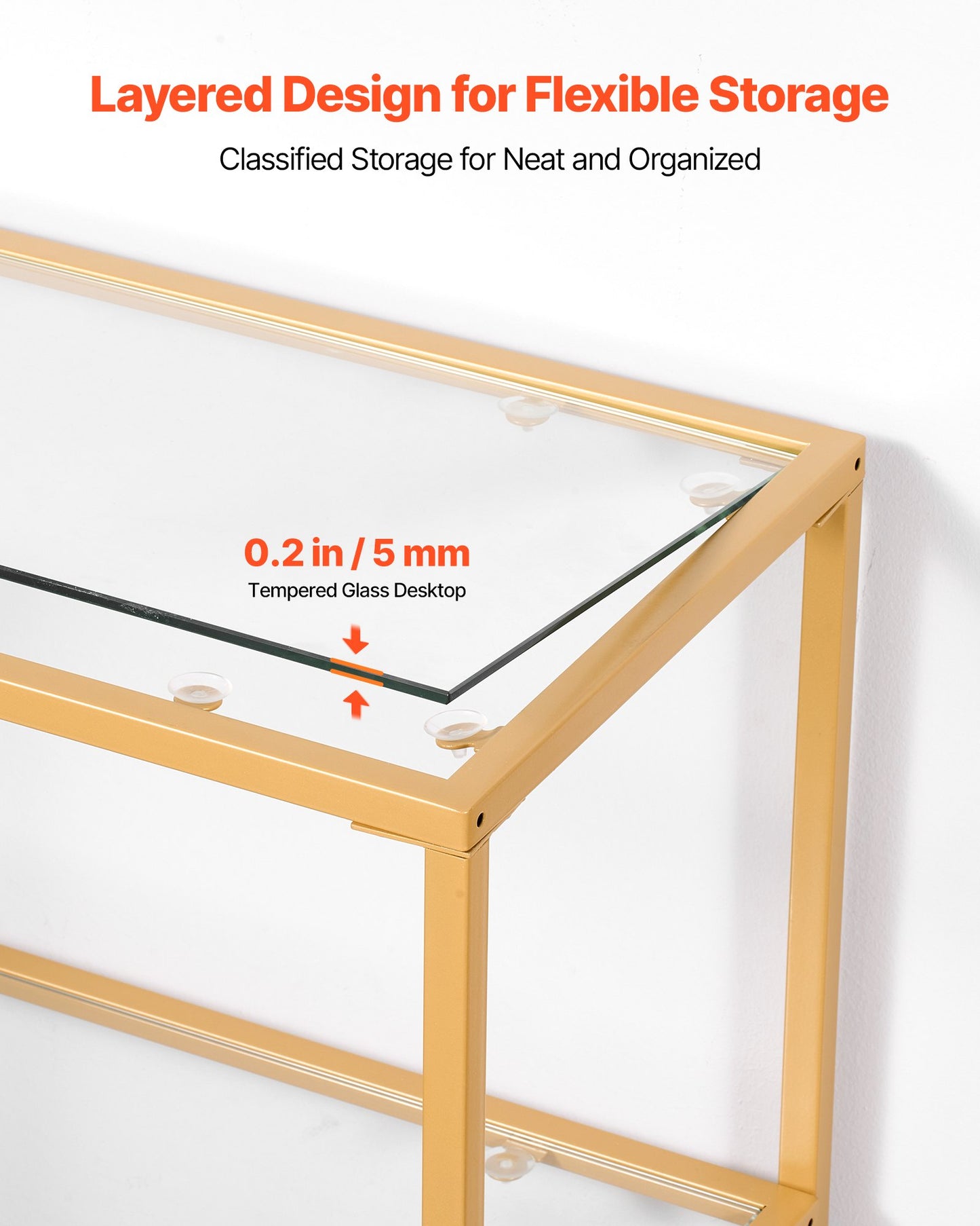 Konsolbord i glas med 3 våningar, modernt rektangulärt sidobord i härdat glas och järnben, gyllene Consloe-skrivbord med tippskydd för vardagsrum, hall, entré, foajé, gyllene