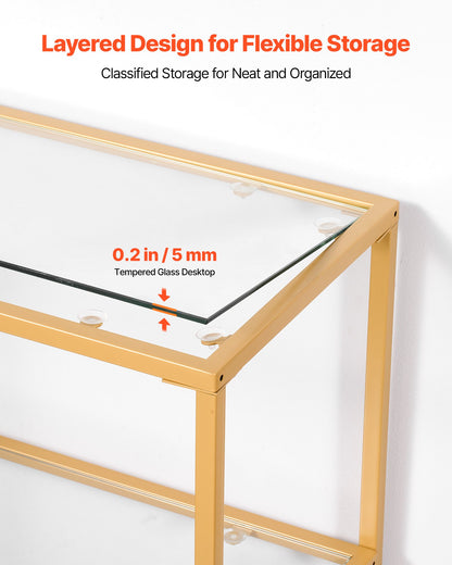 Konsolbord i glas med 3 våningar, modernt rektangulärt sidobord i härdat glas och järnben, gyllene Consloe-skrivbord med tippskydd för vardagsrum, hall, entré, foajé, gyllene