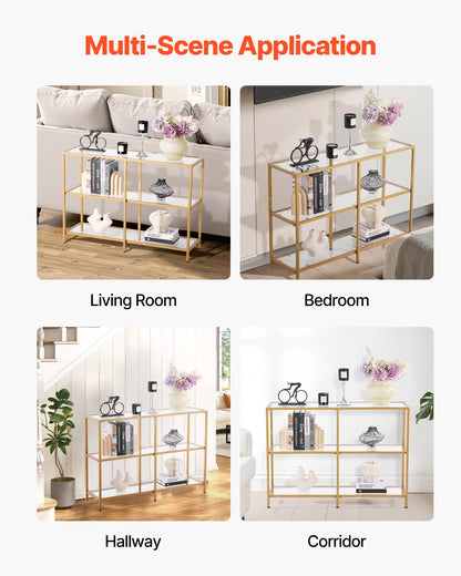 Konsolbord i glas med 3 våningar, modernt rektangulärt sidobord i härdat glas och järnben, gyllene Consloe-skrivbord med tippskydd för vardagsrum, hall, entré, foajé, gyllene