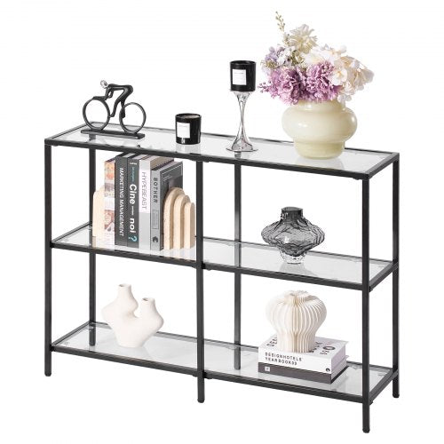 Konsolbord i glas med 3 våningar, modernt rektangulärt sidobord i härdat glas och järnben, gyllene Consloe-skrivbord med tippskydd för vardagsrum, hall, entré, foajé, svart