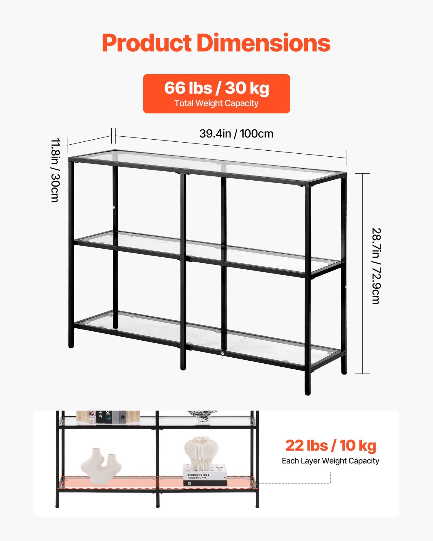 Konsolbord i glas med 3 våningar, modernt rektangulärt sidobord i härdat glas och järnben, gyllene Consloe-skrivbord med tippskydd för vardagsrum, hall, entré, foajé, svart