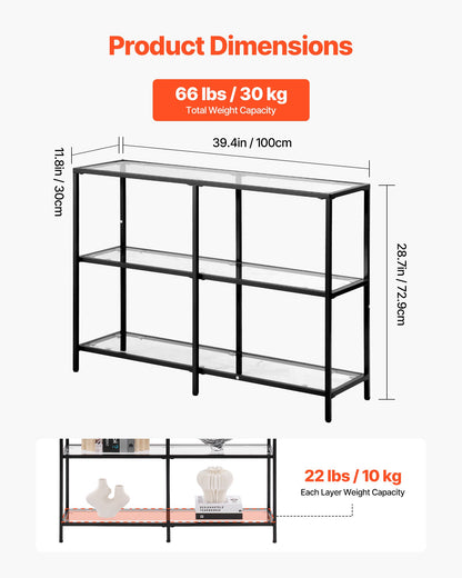 Konsolbord i glas med 3 våningar, modernt rektangulärt sidobord i härdat glas och järnben, gyllene Consloe-skrivbord med tippskydd för vardagsrum, hall, entré, foajé, svart