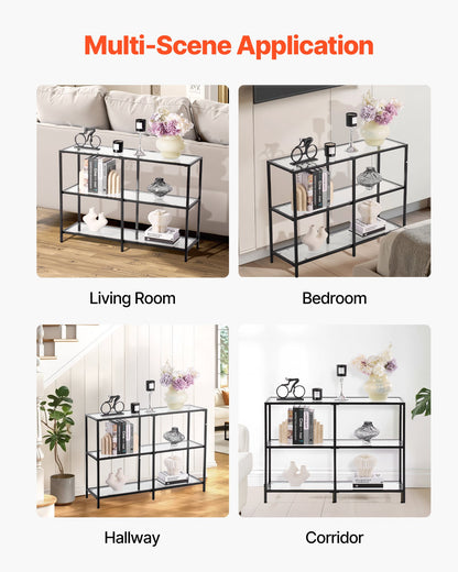Konsolbord i glas med 3 våningar, modernt rektangulärt sidobord i härdat glas och järnben, gyllene Consloe-skrivbord med tippskydd för vardagsrum, hall, entré, foajé, svart