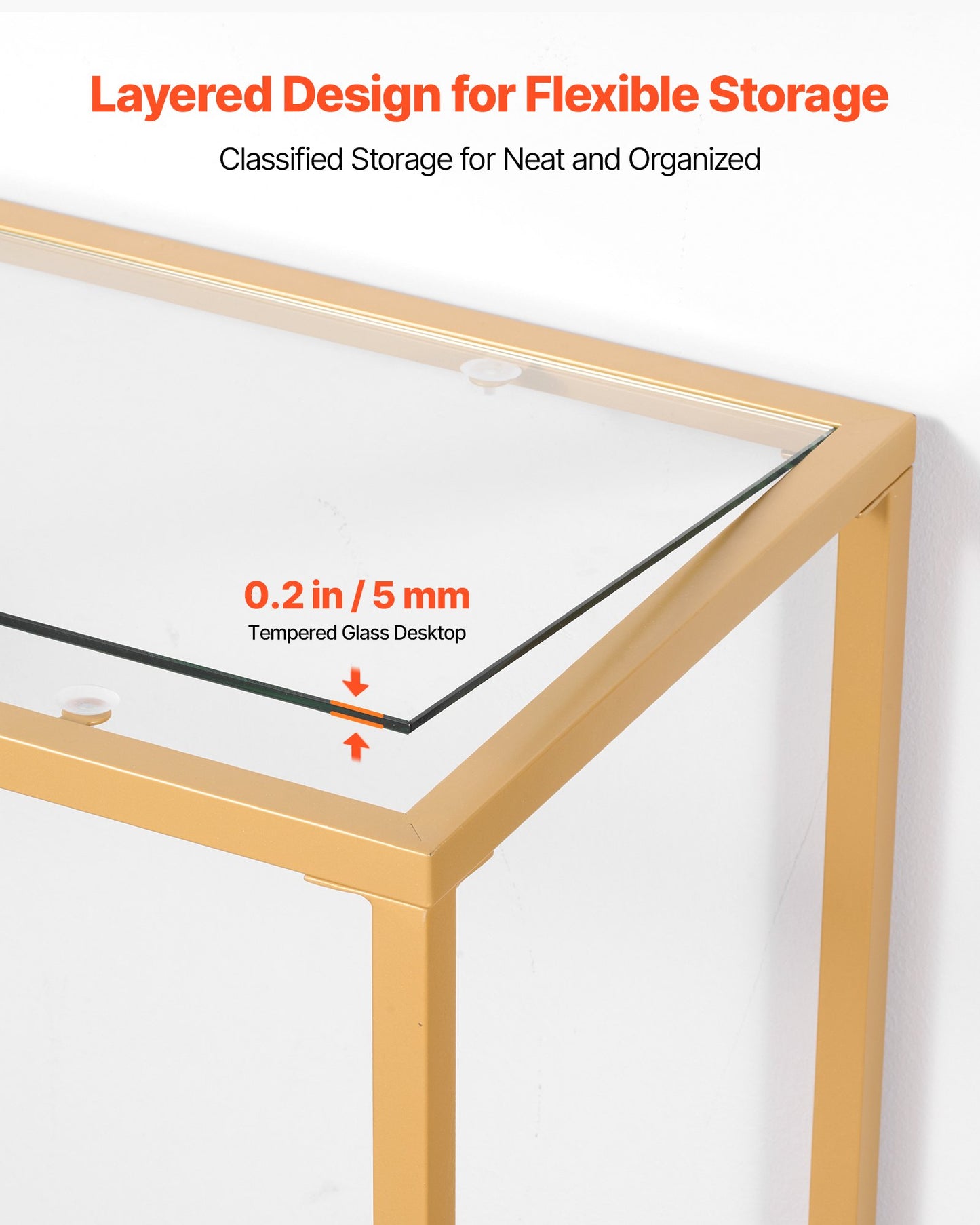 Konsolbord i glas med 2 våningar, modernt rektangulärt sidobord i härdat glas och järnben, gyllene Consloe-skrivbord med tippsäkert skydd för vardagsrum, hall, entré, foajé, gyllene