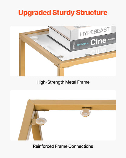 Konsolbord i glas med 2 våningar, modernt rektangulärt sidobord i härdat glas och järnben, gyllene Consloe-skrivbord med tippsäkert skydd för vardagsrum, hall, entré, foajé, gyllene