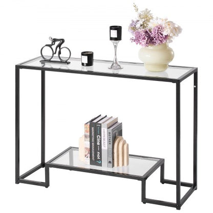 2-Tier Glass Console Table, Modern Rectangle Sofa Side Table with Tempered Glass Top and Iron Legs, Golden Consloe Desk with Anti-Tip Device for Living Room, Hallway, Entryway, Foyer, Black
