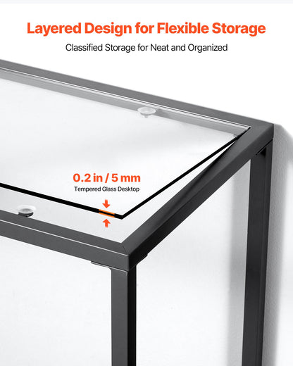 2-Tier Glass Console Table, Modern Rectangle Sofa Side Table with Tempered Glass Top and Iron Legs, Golden Consloe Desk with Anti-Tip Device for Living Room, Hallway, Entryway, Foyer, Black