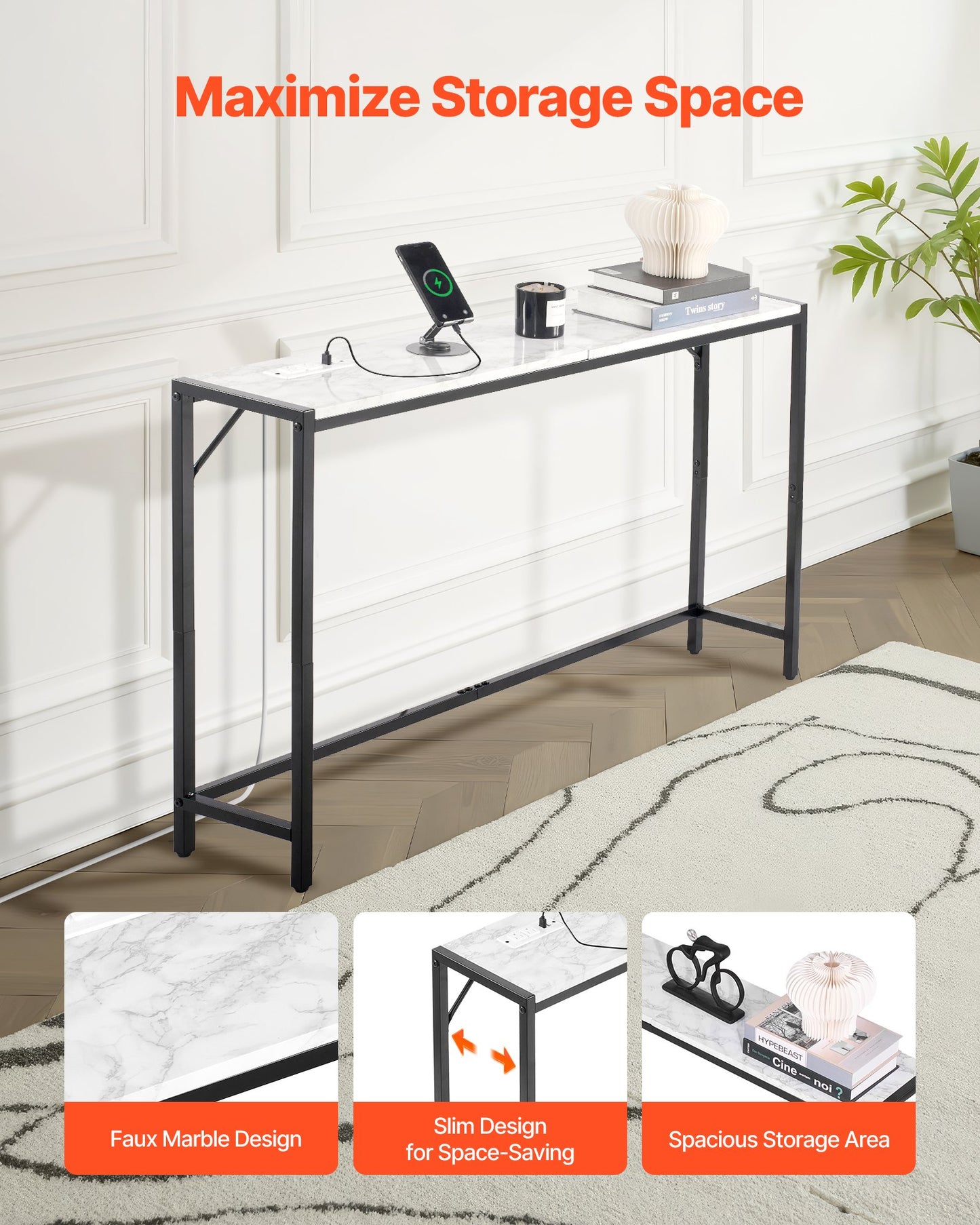 Marmorkonsolbord, Modernt smalt långt konsolbord med eluttag, Tunt soffbord med järnrör, tippskydd och triangulärt stöd för vardagsrum, hall, entré, foajé
