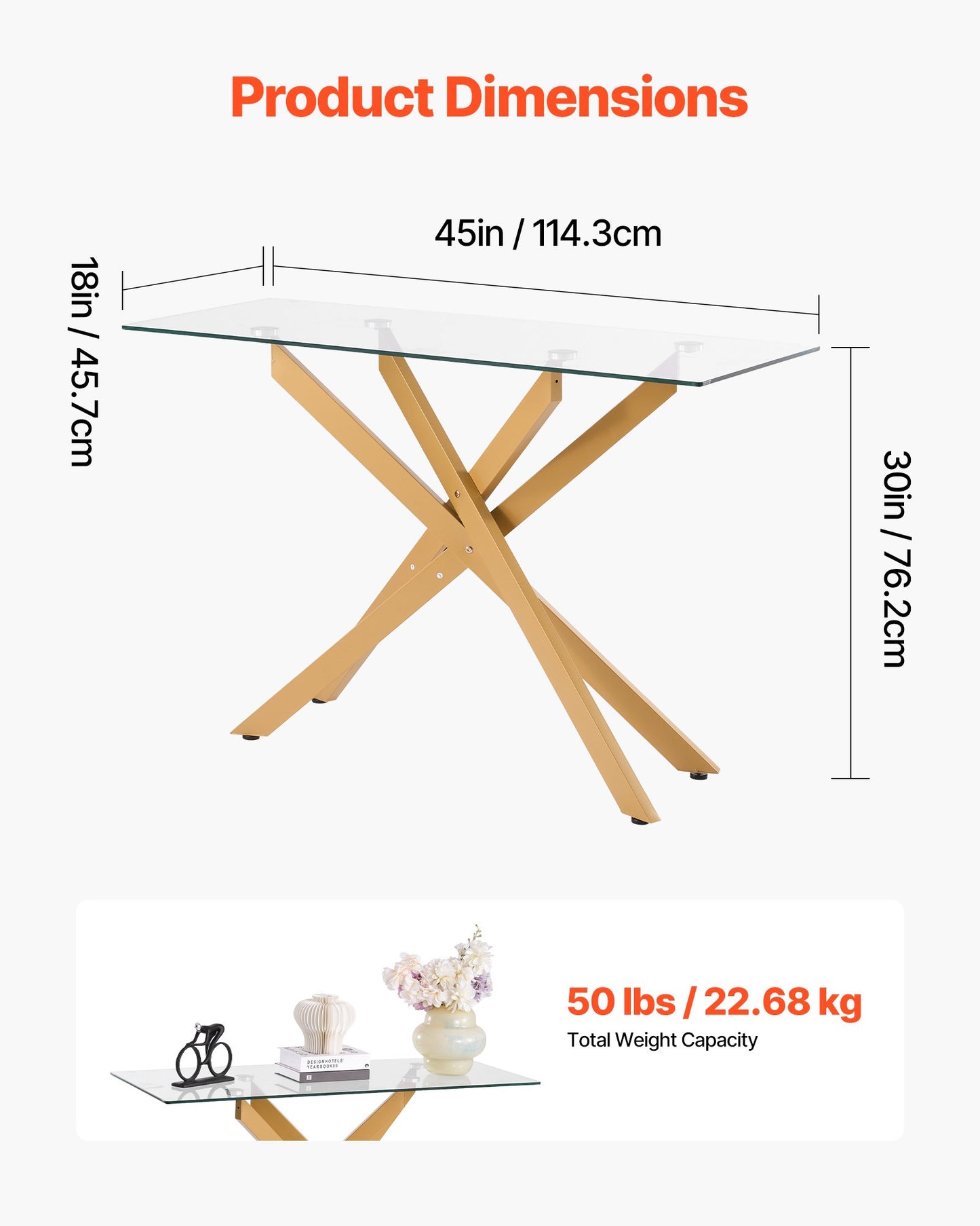 Soffbord i glas, modernt rektangulärt sidobord i soffa med härdat glas och korsben i järn, gyllene geometriskt Consloe-skrivbord med justerbara halkfria fotplattor för vardagsrum, entré, foajé