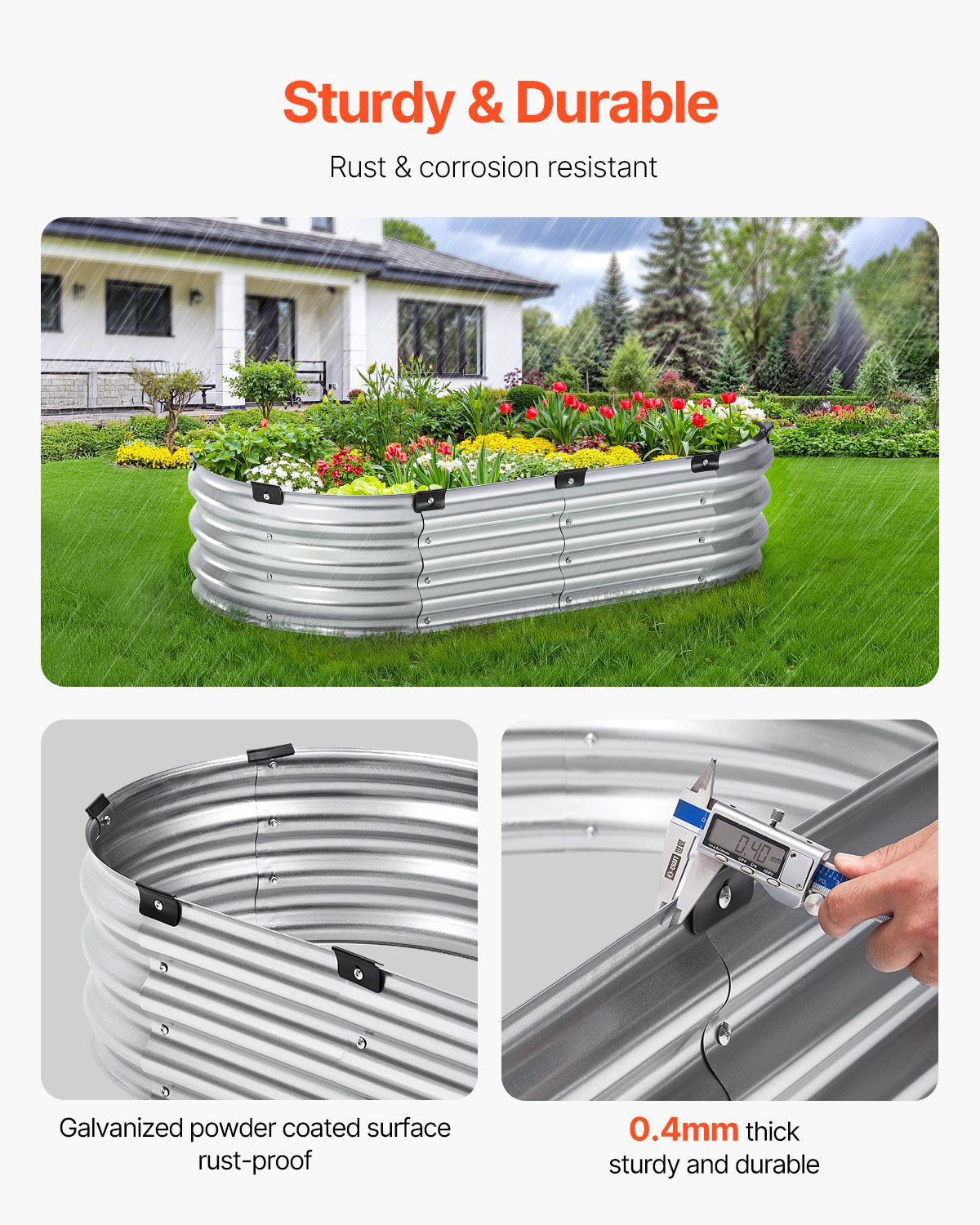 Upphöjd trädgårdsbädd i metall, 11 x 6 x 30 cm galvaniserad planteringslåda för utomhusbruk, med öppen botten, stor oval planteringsbädd för trädgårdsskötsel av grönsaker, blommor, örter och suckulenter, silver