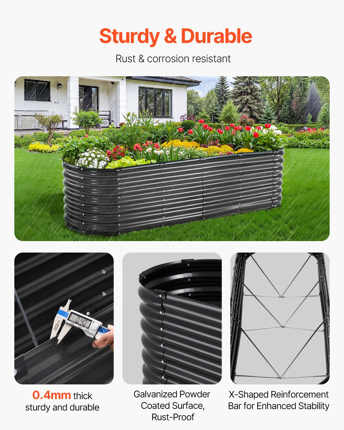 Upphöjd trädgårdsbädd i metall, 2,4 x 6 x 6 m för utomhusbruk, galvaniserad planteringslåda med öppen botten, stor oval planteringsbädd för trädgårdsskötsel av grönsaker, blommor, örter och suckulenter, mörkgrå