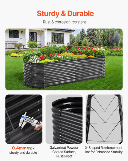 Upphöjd trädgårdsbädd i metall, 2,4 x 6 x 6 m för utomhusbruk, galvaniserad planteringslåda med öppen botten, stor oval planteringsbädd för trädgårdsskötsel av grönsaker, blommor, örter och suckulenter, mörkgrå