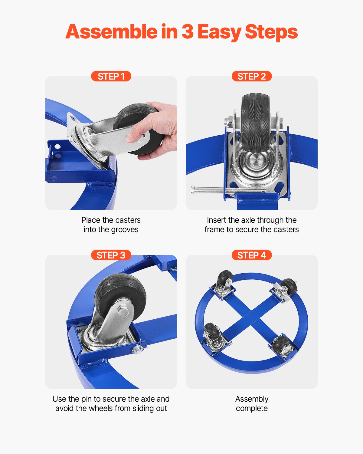 225-liters fatvagn, 900 kg lastkapacitet, kraftig fatvagn med tvärstag och 4 svängbara hjul, tippfria handvagnar med kapacitet för lagertrumhantering, blå