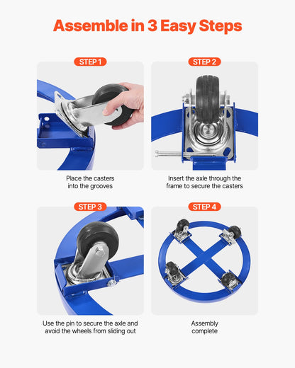 225-liters fatvagn, 900 kg lastkapacitet, kraftig fatvagn med tvärstag och 4 svängbara hjul, tippfria handvagnar med kapacitet för lagertrumhantering, blå