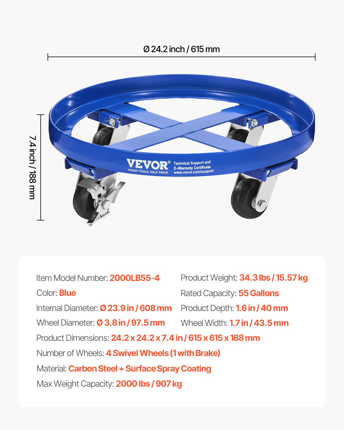 225-liters fatvagn, 900 kg lastkapacitet, kraftig fatvagn med tvärstag och 4 svängbara hjul, tippfria handvagnar med kapacitet för lagertrumhantering, blå