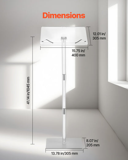 Podiumstativ, 1100 mm akrylläsarpulpet, bärbart laptopbord med bred läsyta, bokklämmor, justerbar vinkel, golvstående, för klassrum, bröllop, konferens, föreläsning och konsert