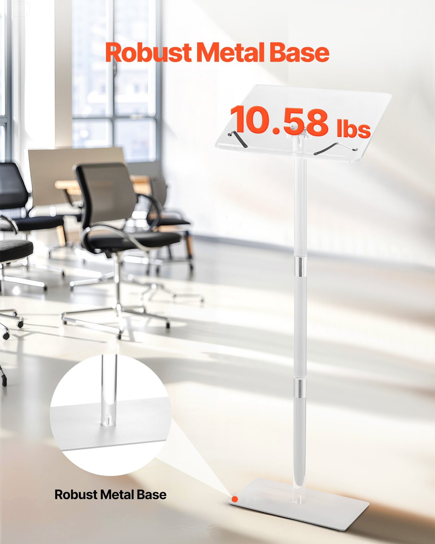Podiumstativ, 1100 mm akrylläsarpulpet, bärbart laptopbord med bred läsyta, bokklämmor, justerbar vinkel, golvstående, för klassrum, bröllop, konferens, föreläsning och konsert