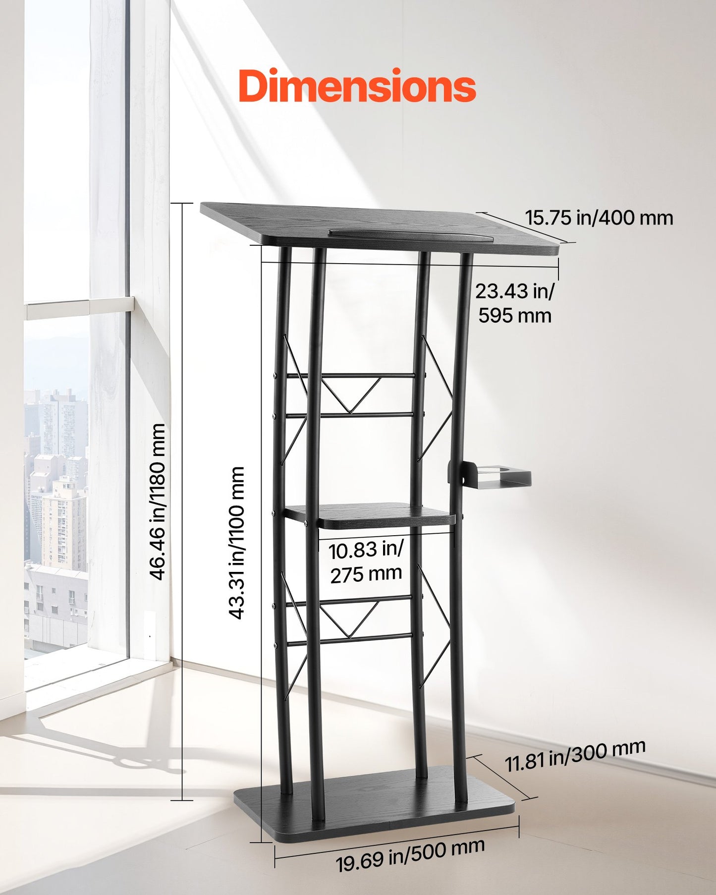 Podiumställ, 1180 mm metallpulpet, böjd stående podium med bred läsyta, öppet förvaringsfack, bokhållare, mugghållare, för klassrum, bröllop, konferens, tal, konsert