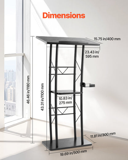Podiumställ, 1180 mm metallpulpet, böjd stående podium med bred läsyta, öppet förvaringsfack, bokhållare, mugghållare, för klassrum, bröllop, konferens, tal, konsert