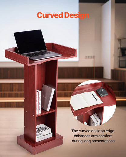 Podiumställ, 1040 mm träpulpet, laptopbord med bred läsyta och förvaringshylla, kantstopp, elegant design, golvstående, för klassrum, konferens, kyrka och presentationer
