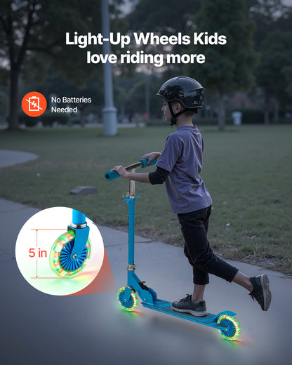 Sparkcykel för barn från 3 år, 2-hjulig sparkcykel med upplysta hjul, justerbart styre, brett halkfritt däck, hopfällbar lättviktsram för pojkar och flickor upp till 49,9 kg, blå