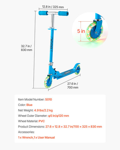 Sparkcykel för barn från 3 år, 2-hjulig sparkcykel med upplysta hjul, justerbart styre, brett halkfritt däck, hopfällbar lättviktsram för pojkar och flickor upp till 49,9 kg, blå