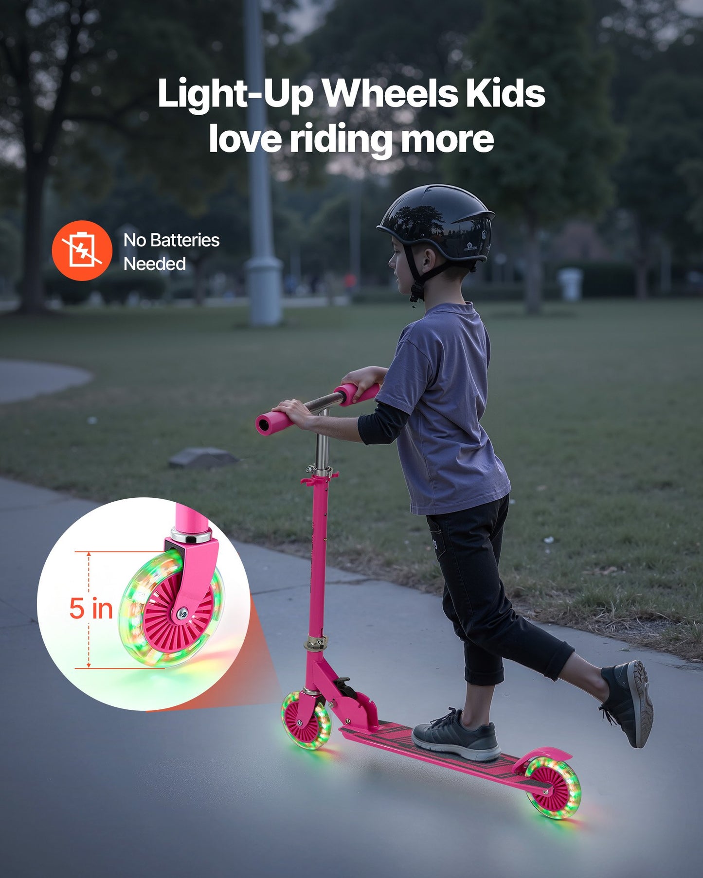 Sparkcykel för barn från 3 år, 2-hjulig sparkcykel med upplysta hjul, justerbart styre, brett halkfritt däck, hopfällbar lättviktsram för pojkar och flickor upp till 49,9 kg, rosa