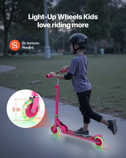 Sparkcykel för barn från 3 år, 2-hjulig sparkcykel med upplysta hjul, justerbart styre, brett halkfritt däck, hopfällbar lättviktsram för pojkar och flickor upp till 49,9 kg, rosa