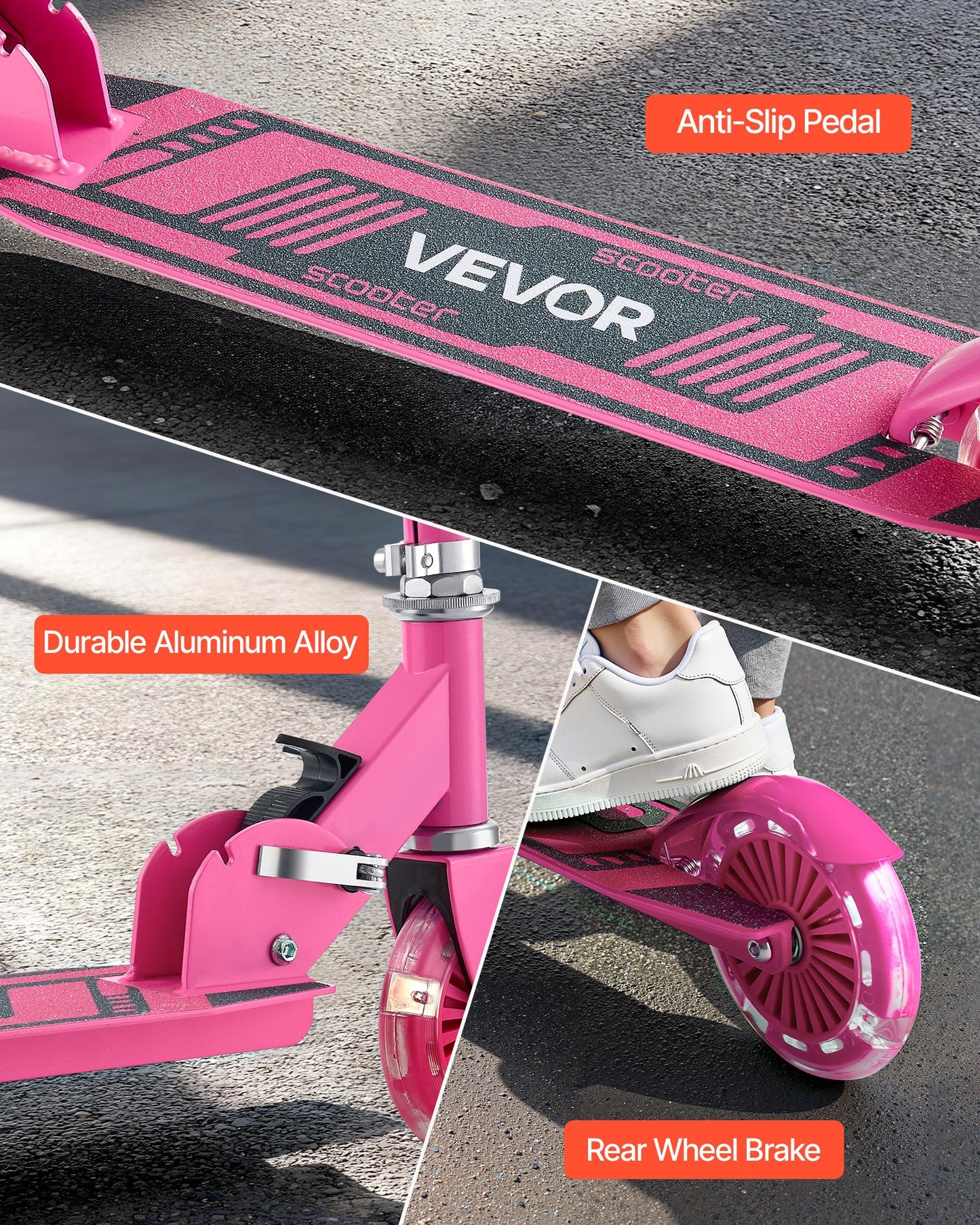 Sparkcykel för barn från 3 år, 2-hjulig sparkcykel med upplysta hjul, justerbart styre, brett halkfritt däck, hopfällbar lättviktsram för pojkar och flickor upp till 49,9 kg, rosa