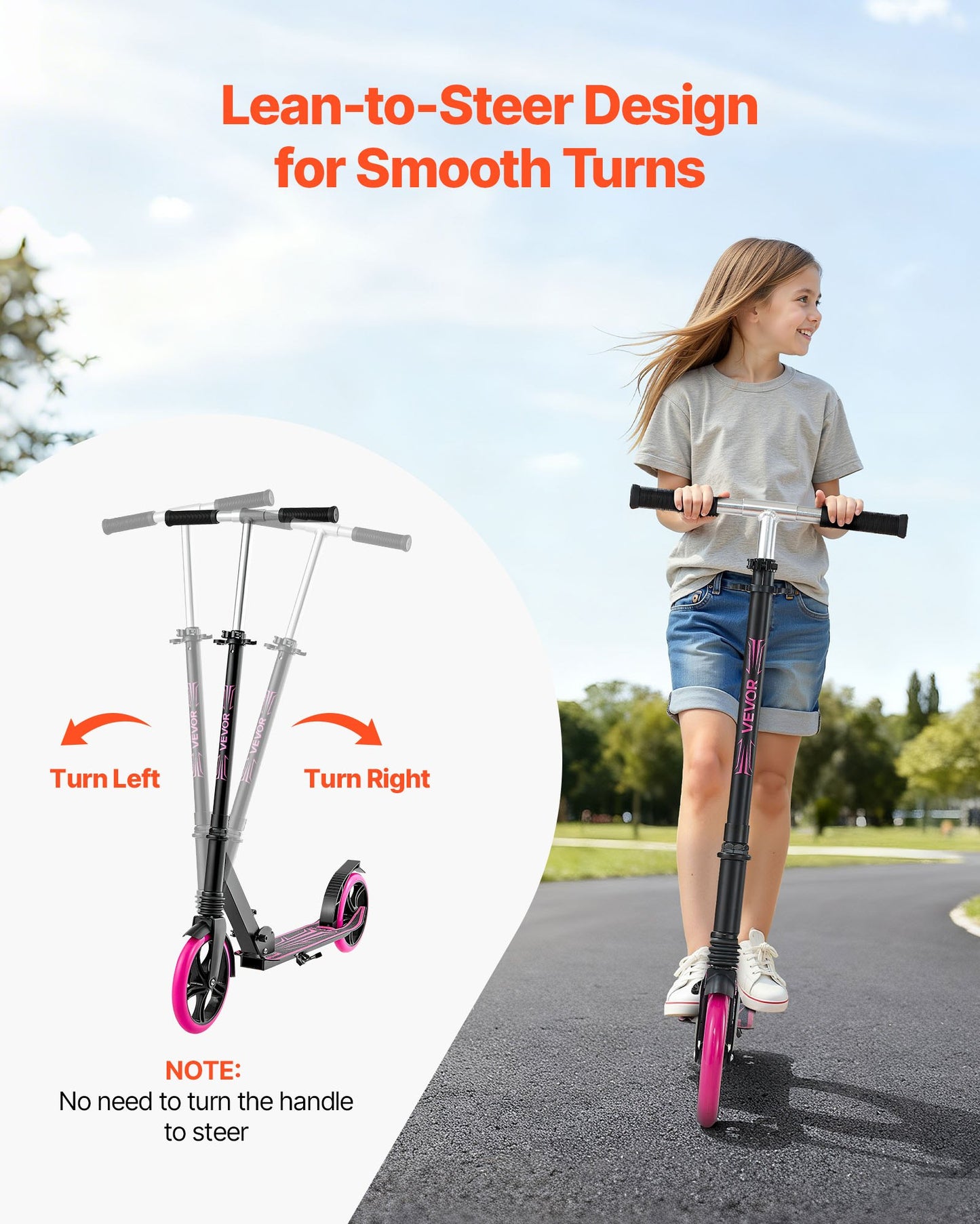 Sparkcykel för barn från 8 år, tonåringar och vuxna, 2-hjulig sparkcykel för småbarn med justerbart styre, brett halkfritt däck, hopfällbar lättviktsram för pojkar och flickor upp till 99,8 kg, rosa