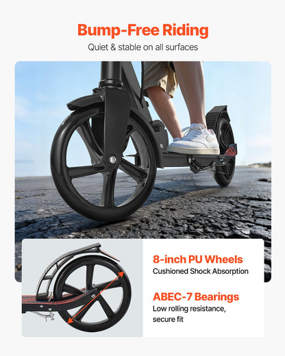 Sparkcykel för barn från 8 år, tonåringar och vuxna, 2-hjulig sparkcykel för småbarn med höjdjusterbart styre, brett halkfritt däck, hopfällbar lättviktsram för pojkar och flickor upp till 99,8 kg, svart